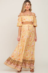 Yellow Floral Off Shoulder Maternity Maxi Skirt Set