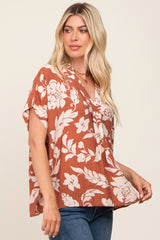 Camel Floral V-Neck Blouse