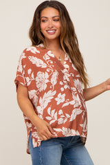 Camel Floral V-Neck Maternity Blouse