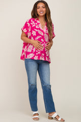 Magenta Floral V-Neck Maternity Blouse