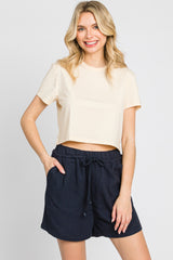 Navy Drawstring Pocketed Maternity Shorts