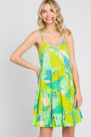 Lime Green Leaf Print Tiered Midi Dress