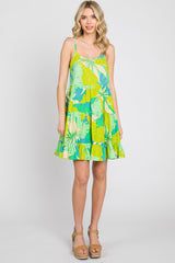 Lime Green Leaf Print Tiered Midi Dress