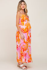 Pink Floral Tiered Sleeveless Maternity Maxi Dress