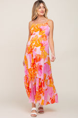 Pink Floral Tiered Sleeveless Maternity Maxi Dress