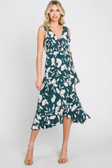 Forest Green Floral Wrap Front Hi-Low Midi Dress