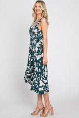 Forest Green Floral Wrap Front Hi-Low Midi Dress