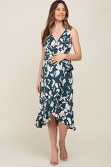 Forest Green Floral Wrap Front Hi-Low Maternity Midi Dress