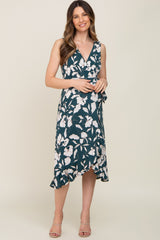 Forest Green Floral Wrap Front Hi-Low Maternity Midi Dress