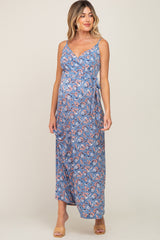 Blue Floral Wrap Top Sleeveless Maternity Maxi Dress