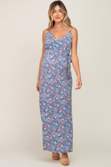 Blue Floral Wrap Top Sleeveless Maternity Maxi Dress