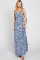 Blue Floral Wrap Top Sleeveless Maxi Dress