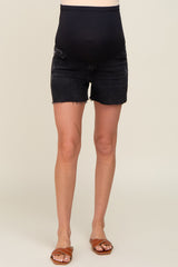 Black Distressed Raw Hem Maternity Jean Shorts
