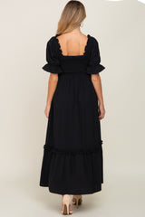 Black Puff Sleeve Ruffle Accent Maternity Maxi Dress