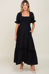 Black Puff Sleeve Ruffle Accent Maternity Maxi Dress