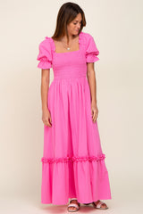 Hot Pink Puff Sleeve Ruffle Accent Maxi Dress