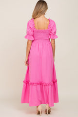 Hot Pink Puff Sleeve Ruffle Accent Maternity Maxi Dress