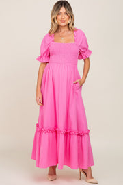 Hot Pink Puff Sleeve Ruffle Accent Maternity Maxi Dress