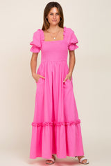 Hot Pink Puff Sleeve Ruffle Accent Maternity Maxi Dress