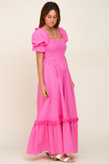 Hot Pink Puff Sleeve Ruffle Accent Maxi Dress