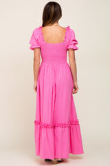 Hot Pink Puff Sleeve Ruffle Accent Maxi Dress