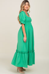 Green Puff Sleeve Ruffle Accent Maternity Maxi Dress