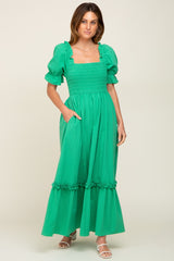 Green Puff Sleeve Ruffle Accent Maxi Dress