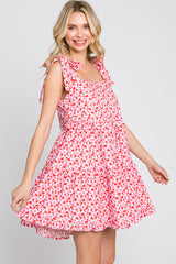 Pink Floral Shoulder Tie Ruffle Tiered Dress