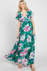 Dark Teal Floral Chiffon Deep V Flutter Sleeve Maternity Maxi Dress