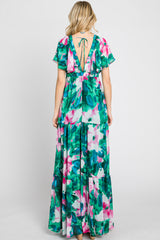 Dark Teal Floral Chiffon Deep V Flutter Sleeve Maxi Dress