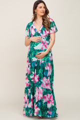 Dark Teal Floral Chiffon Deep V Flutter Sleeve Maternity Maxi Dress