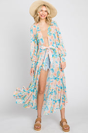 Aqua Floral Chiffon Ruffle Hem Cover-Up