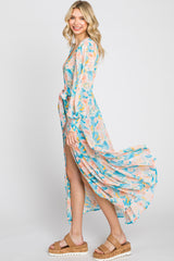 Aqua Floral Chiffon Ruffle Hem Cover-Up