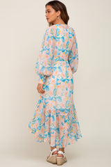 Aqua Floral Chiffon Ruffle Hem Maternity Cover-Up