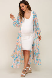 Aqua Floral Chiffon Ruffle Hem Maternity Cover-Up