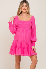 Fuchsia Gingham Textured Tiered Maternity Dress