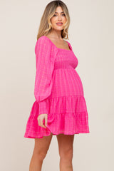 Fuchsia Gingham Textured Tiered Maternity Dress