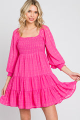 Fuchsia Gingham Textured Tiered Maternity Dress