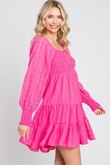 Fuchsia Gingham Textured Tiered Dress