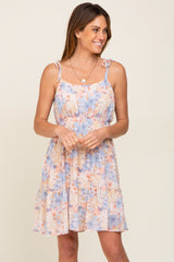 Blue Floral Chiffon Tie Strap Ruffle Tiered Maternity Dress