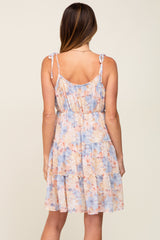 Blue Floral Chiffon Tie Strap Ruffle Tiered Dress