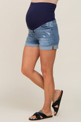 Medium Wash Cuffed Maternity Denim Shorts