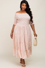 Ivory Ditsy Smocked Tiered Off Shoulder Plus Midi Dress