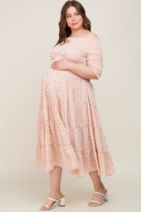 Ivory Ditsy Smocked Tiered Off Shoulder Maternity Plus Midi Dress