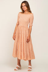 Peach Ditsy Smocked Tiered Off Shoulder Midi Dress