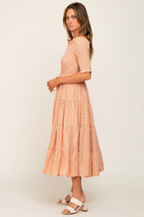 Peach Ditsy Smocked Tiered Off Shoulder Midi Dress