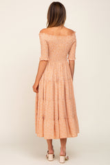 Peach Ditsy Smocked Tiered Off Shoulder Midi Dress