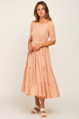 Peach Ditsy Smocked Tiered Off Shoulder Midi Dress