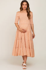 Peach Ditsy Smocked Tiered Off Shoulder Maternity Midi Dress