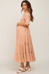 Peach Ditsy Smocked Tiered Off Shoulder Maternity Midi Dress